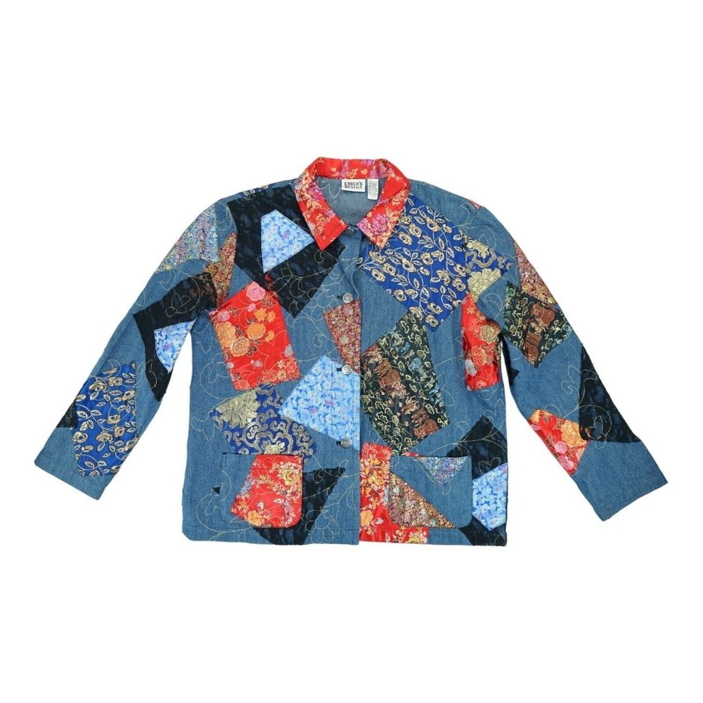 Vintage CHICOS Design Patchwork Jacket Coat Embroidered Button Down Size‎ 3